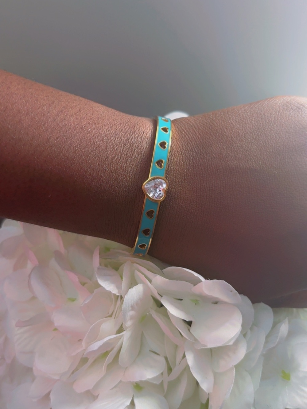 Gold-Tone Turquoise Heart Bangle Bracelet with Clear Crystal